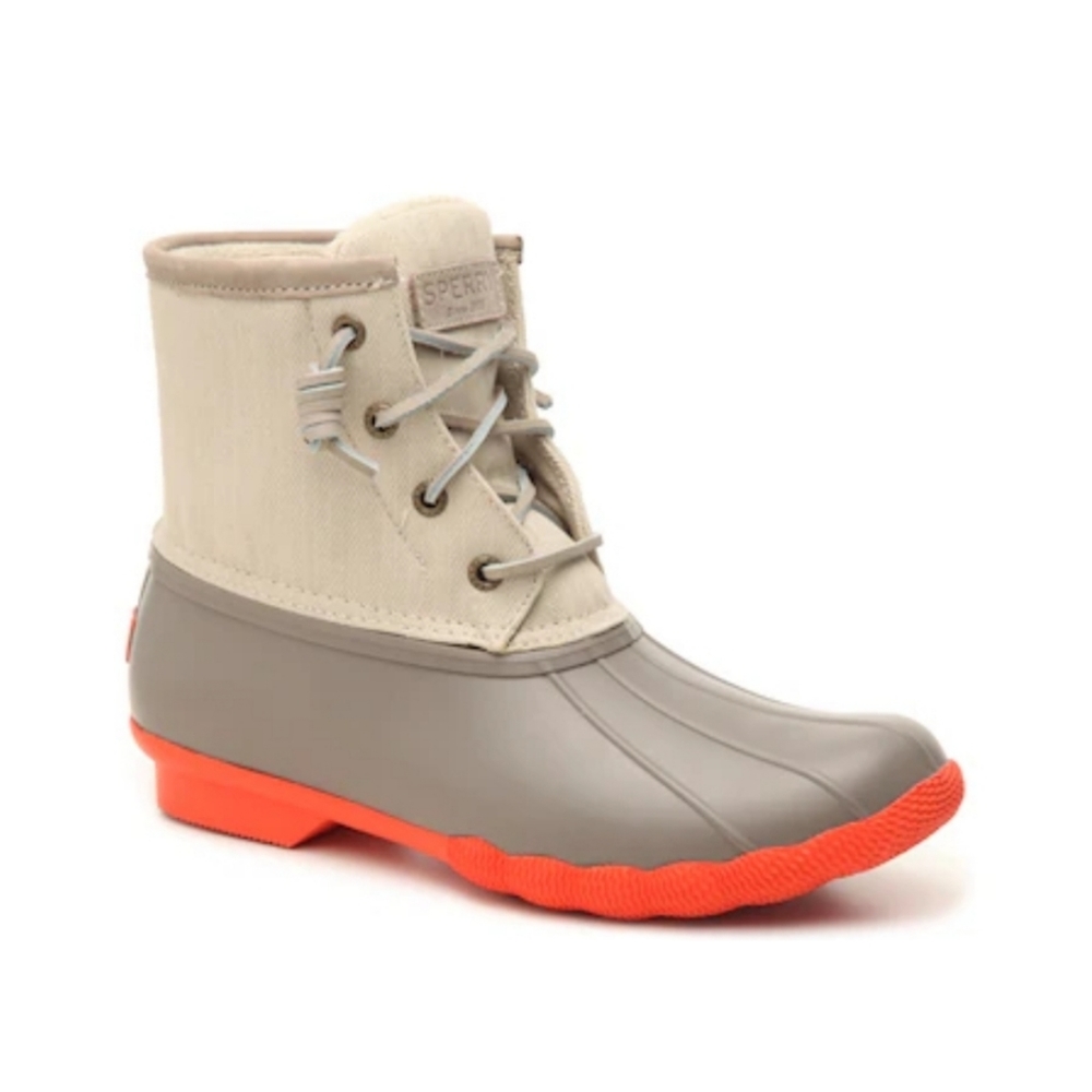 Sperry Top-Sider Saltwater Taupe Coral Pop Waterproof Duck Boots Ankle Booties